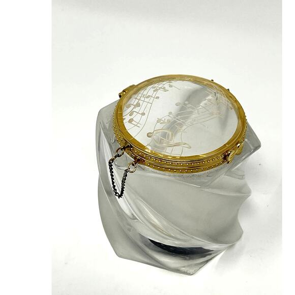 Frosted Crystal Gold Trimmed Hinged Dresser Trinket Box Musical Notes Signed KF - Picture 5 of 13